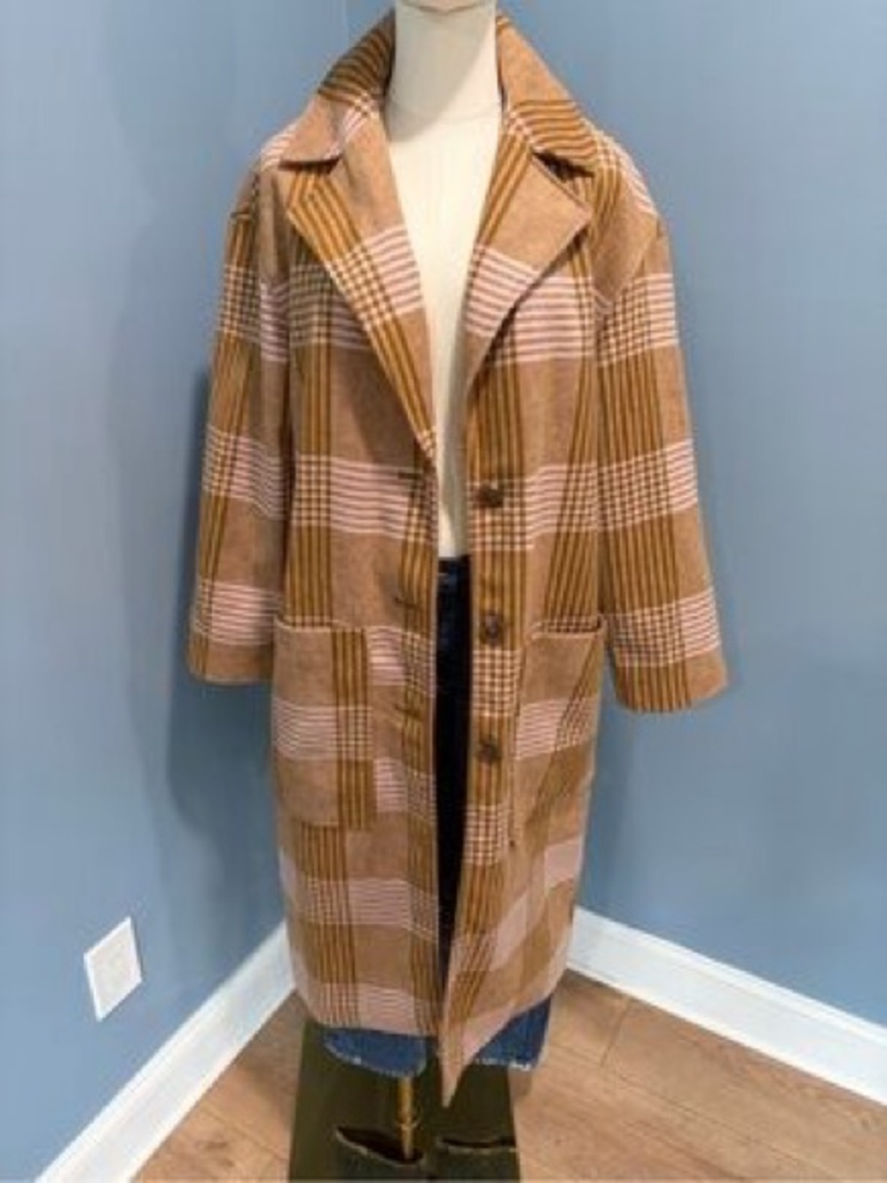 a new day Camel and Pink Plaid Long Pea Coat